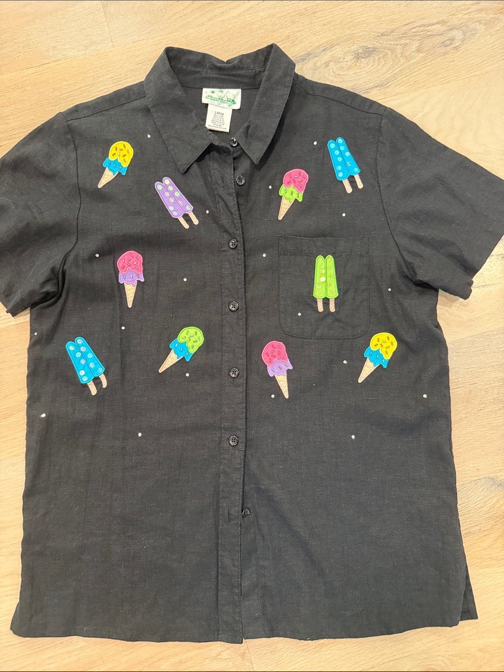 Vintage Quacker Factory Ice Cream Popsicle Shirt Black Linen Blend Size Large